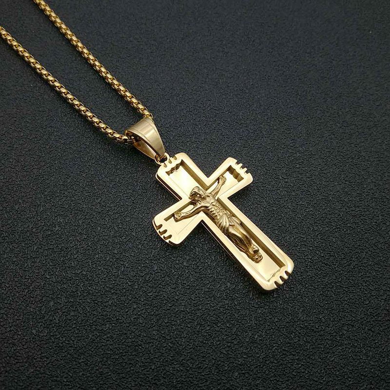 Hip Hop 14K Yellow Gold INRI Crucifix Jesus Cross Pendant Necklaces for ...