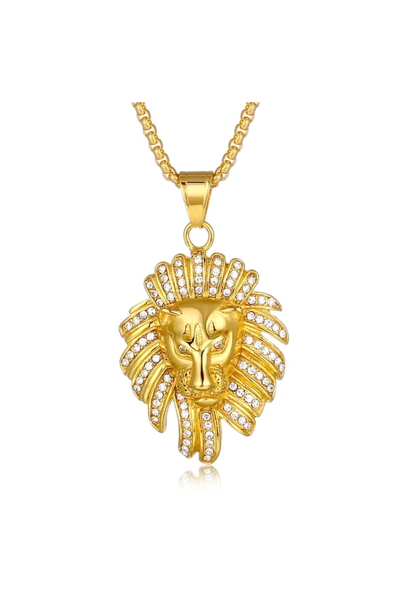 Hip Hop 14K Yellow Gold Lion Head With Crystal Bead Golden Silver Color Pendant Necklace For Men Animal Jewelry