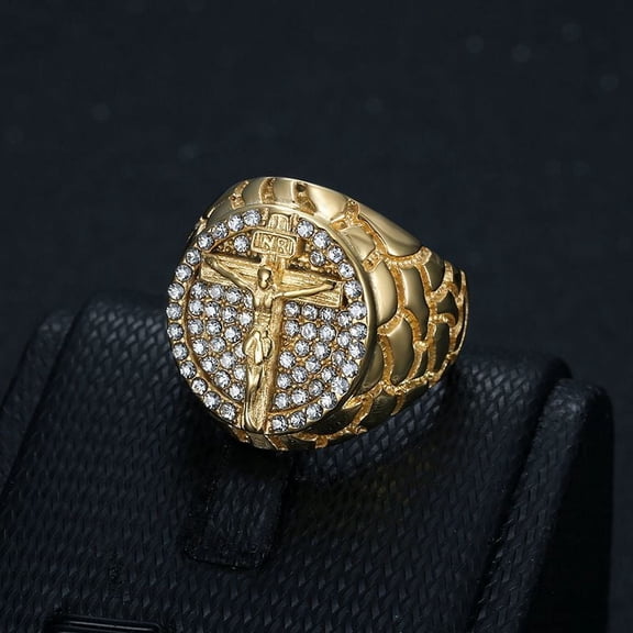 Hip Hop 14K Yellow Gold with full rhinestone INRI Crucifix JESUS Cross Rings for Men Rapper party Jewelry