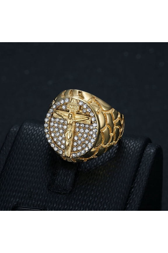 Hip Hop 14K Yellow Gold with full rhinestone INRI Crucifix JESUS Cross Rings for Men Rapper party Jewelry