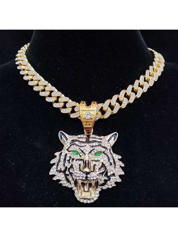 Hip Hop 3D Tiger Pendant Necklace with 13mm Crystal Cuban Chain HipHop Iced Out Bling Necklaces Men Women Fashion Charm Jewelry