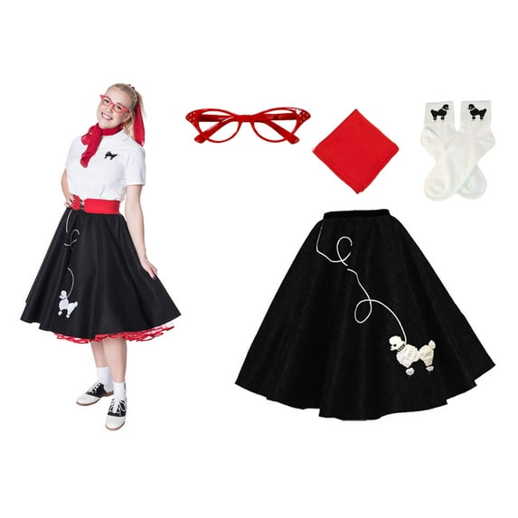 Hip Hop 50's Shop 1950s Adult 4 Piece Poodle Skirt Costume Outfit for Women with Accessories (glasses, socks, scarf) (3XLarge/4XLarge Black w/Red)