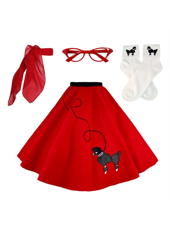 1950s Adult 4 Piece Poodle Skirt Costume Outfit for Women with Accessories (glasses, socks, scarf) (Medium/Large Red)