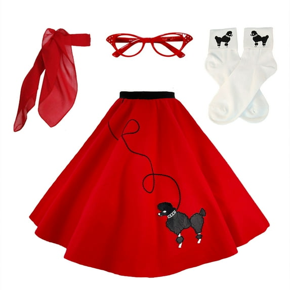 Hip Hop 50's Shop 1950s Adult 4 Piece Poodle Skirt Costume Outfit for Women with Accessories (glasses, socks, scarf) (Medium/Large Red)