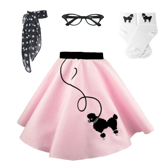 Hip Hop 50's Shop 1950s Girls 4 Piece Poodle Skirt Costume Outfit for Kids with Accessories (glasses, socks, scarf) (Small Child 4-6, Light Pink Polka Dot)