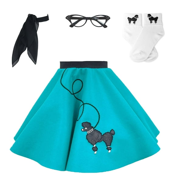 Hip Hop 50's Shop 1950s Girls 4 Piece Poodle Skirt Costume Outfit for Kids with Accessories (glasses, socks, scarf) (Large Child 10-12, Teal)