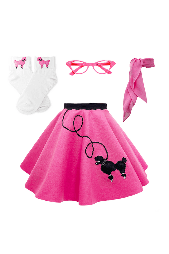 1950s Girls 4 Piece Poodle Skirt Costume Outfit for Kids with Accessories (glasses, socks, scarf) (Small Child 4-6, Hot Pink)