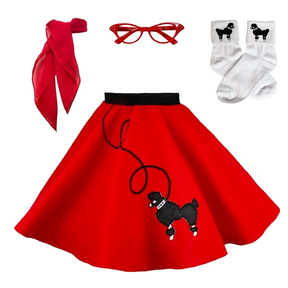 Hip Hop 50's Shop 1950s Girls 4 Piece Poodle Skirt Costume Outfit for Kids with Accessories (glasses, socks, scarf) (Small Child 4-6, Red)