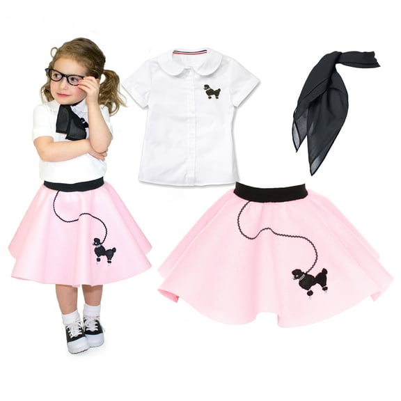 Hip Hop 50's Shop 1950s Toddler 3 Piece Poodle Skirt Outfit with Scarf and Poodle Blouse, Halloween Pretend Play Costume Set (2T Light Pink)