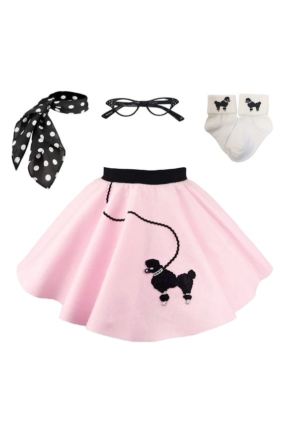 1950s Toddler Poodle Skirt with Scarf, Bobby Socks, and Glasses, 4 Piece Halloween or Pretend Play Costume Set (Light Pink Polka Dot)ka Dot)