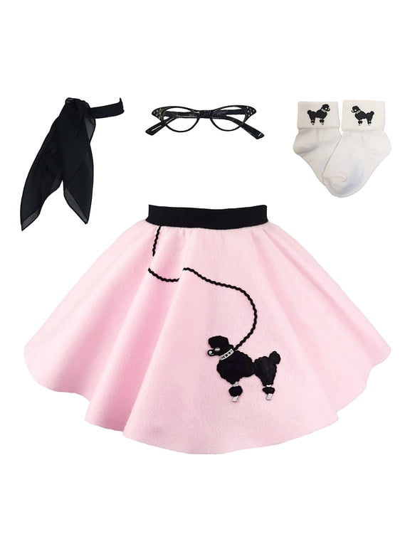 1950s Toddler Poodle Skirt with Scarf, Bobby Socks, and Glasses, 4 Piece Halloween or Pretend Play Costume Set (Light Pink)