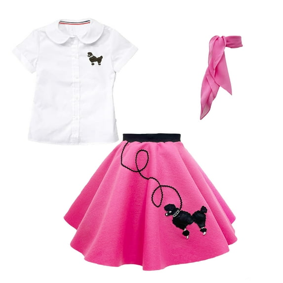 Hip Hop 50's Shop Girls 3 Piece Child Poodle Skirt Outfit (Large Child 12 Hot Pink)