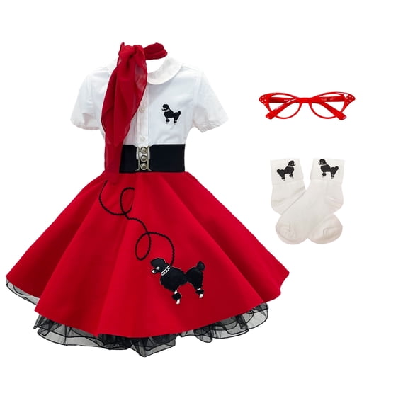 Hip Hop 50's Shop Girls 1950s Poodle Skirt Costume 7 Piece Child Outfit Set (Large Child 12 Red)