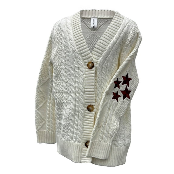 Hip Hop 50's Shop Girls Cardigan Sweater Embroidered Cable Knit Button Down - 12 Years Red Stars
