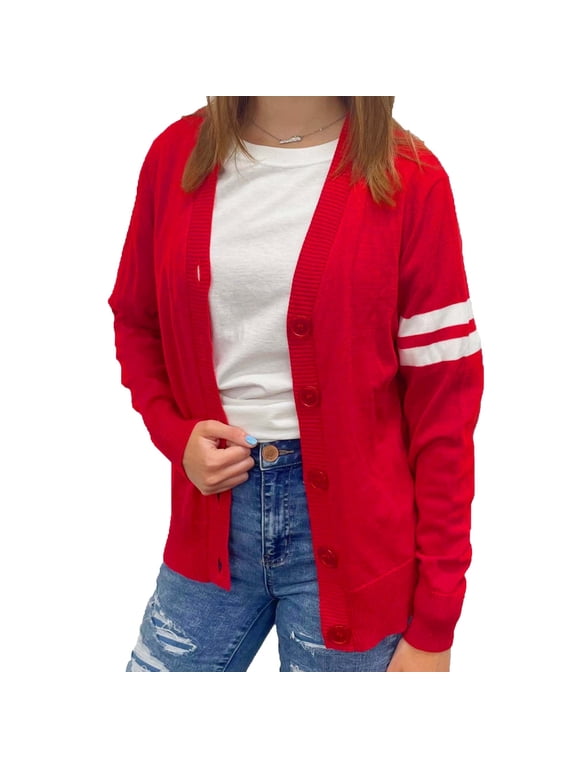 Women's V Neck Knit Varsity Cardigan Sweater Letterman Lightweight (Medium Red)