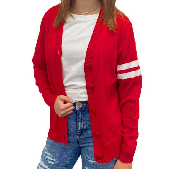 Hip Hop 50's Shop Women's V Neck Knit Varsity Cardigan Sweater Letterman Lightweight (Small Red)