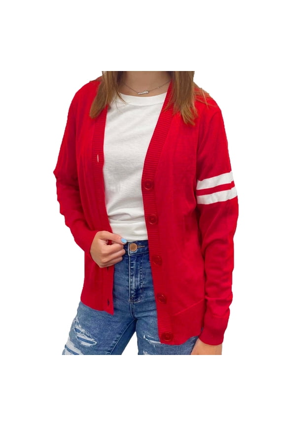 Women's V Neck Knit Varsity Cardigan Sweater Letterman Lightweight (Small Red)