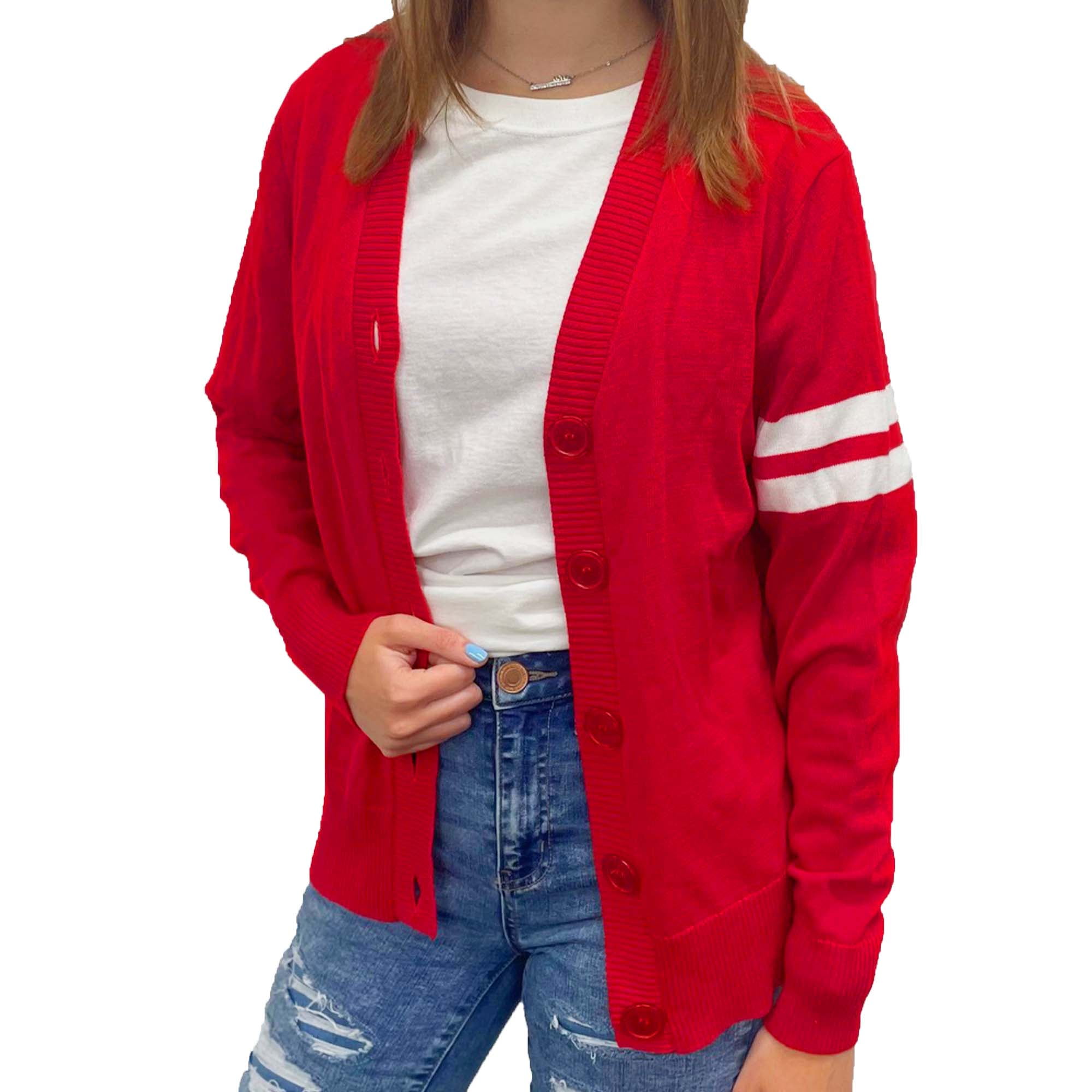 Hip Hop 50 s Shop Womens Letterman Cardigan Sweater Long Sleeve Knit V Neck Button Down 2X Large Red