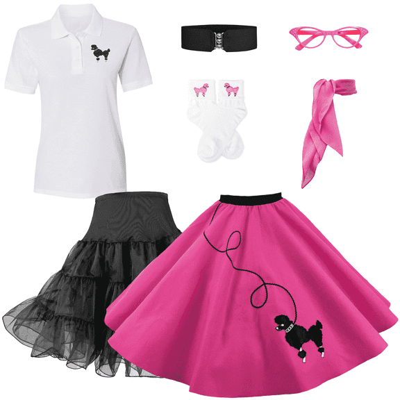 Hip Hop 50s Shop 1950s Adult 7 Piece Costume Set Poodle Skirt, Petticoat, Polo Shirt with Accessories (Large Hot Pink)