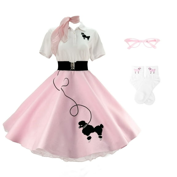 Hip Hop 50s Shop 1950s Adult 7 Piece Costume Set Poodle Skirt, Petticoat, Polo Shirt with Accessories (Medium Light Pink)