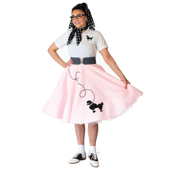 Hip Hop 50s Shop 1950s Adult 7 Piece Costume Set Poodle Skirt, Petticoat, Polo Shirt with Accessories (XX-Large Light Pink Polka Dot)