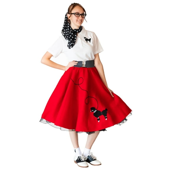 Hip Hop 50s Shop 1950s Adult 7 Piece Costume Set Poodle Skirt, Petticoat, Polo Shirt with Accessories (XXX-Large Red Polka Dot)