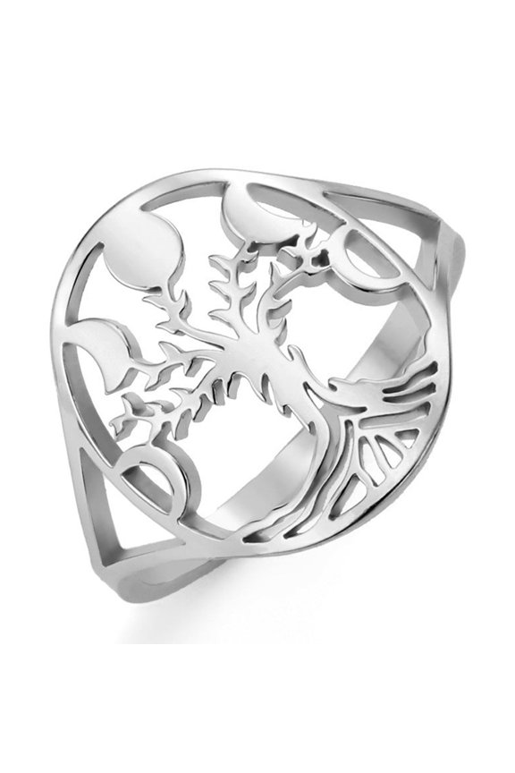 Unisex Stainless Steel Ring 18K Gold Plated Non Fading Hollow Tree Design Geometric Shape Natural Personality Hip Hop