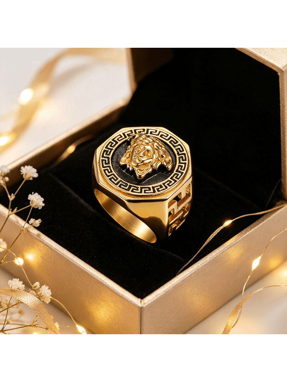 Ancient Greek Mythology Medusa Motif Statement Ring For Men Women, 14K Gold Filled Sleek Profile Classic Understated Craft Jewelry