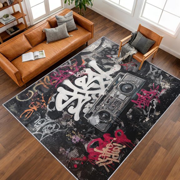 Hip Hop Area Rugs, Multicolor Street Art Abstract Graffiti Pattern Carpet, Washable Non Slip Low Pile Soft Rug for Living Room Bedroom Decor Mat 5x8ft