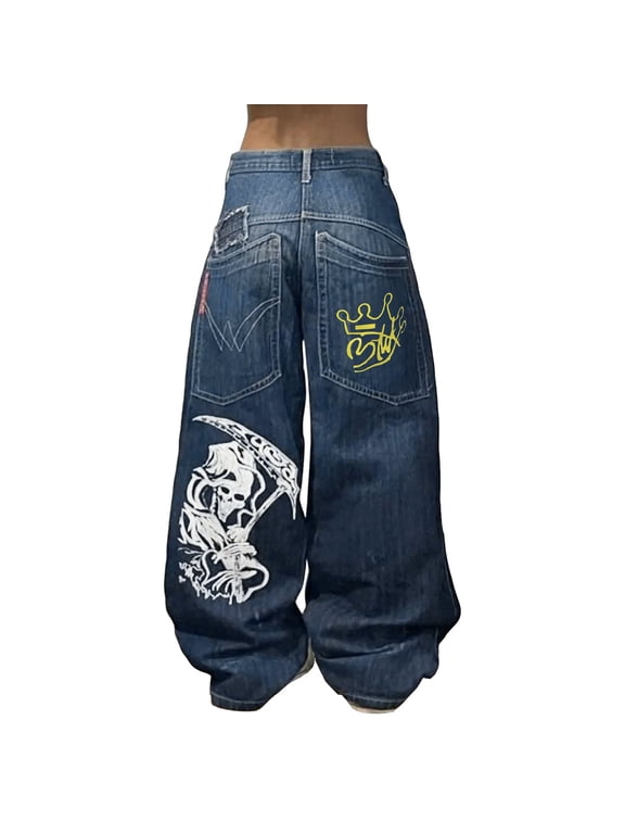 Hip Hop Baggy Jeans Skeleton Graphic Print Denim Pants Goth Oversized Trousers Streetwear Y2K Aesthetic Baggy Pants for Men & Women Wide Leg