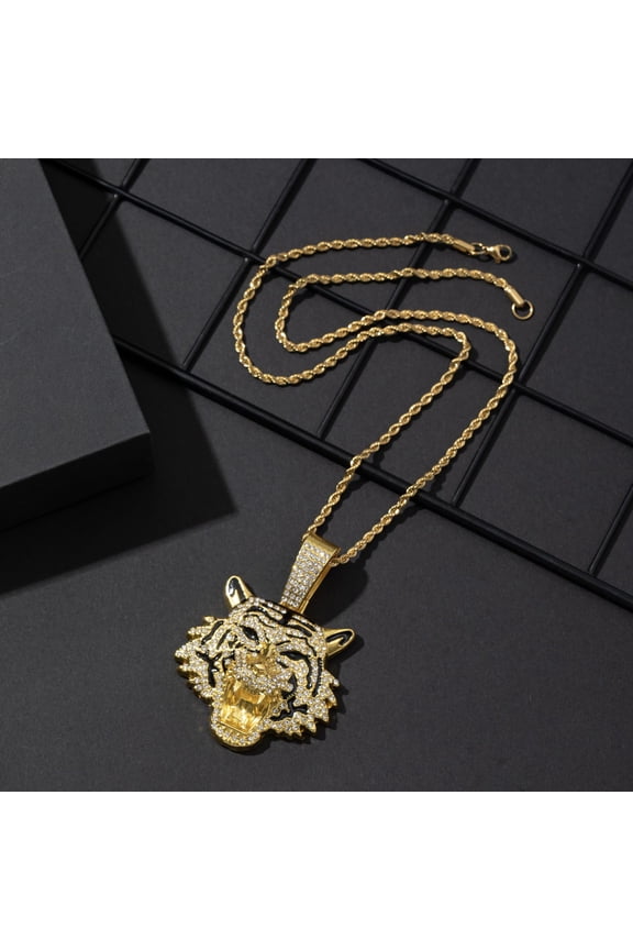 Hip Hop Big 3D Tiger 14K Yellow Gold Pendant Necklace Crystal Cuban Chain HipHop Iced Out Bling Necklaces Men Women Fashion Charm Jewelry