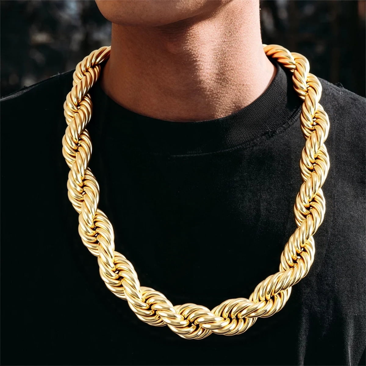 Hip Hop Big Gold Rope Copper Tube Twist Chain Necklace, 30 Inch Heavy Rope Design, 80s/90s Party Vintage Bling Jewelry for Men and Women