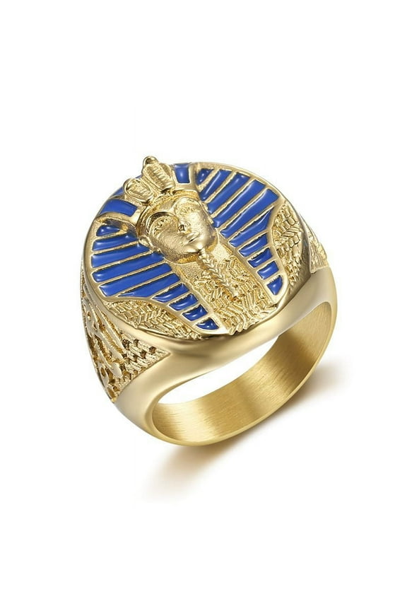 Hip Hop Bling 14K Yellow Gold Egyptian Pharaoh Ring for Men Rapper Jewelry