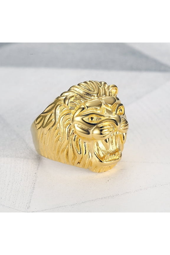 Hip Hop Bling 14K Yellow Gold Male Lion Animal Ring for Men Rapper Jewelry
