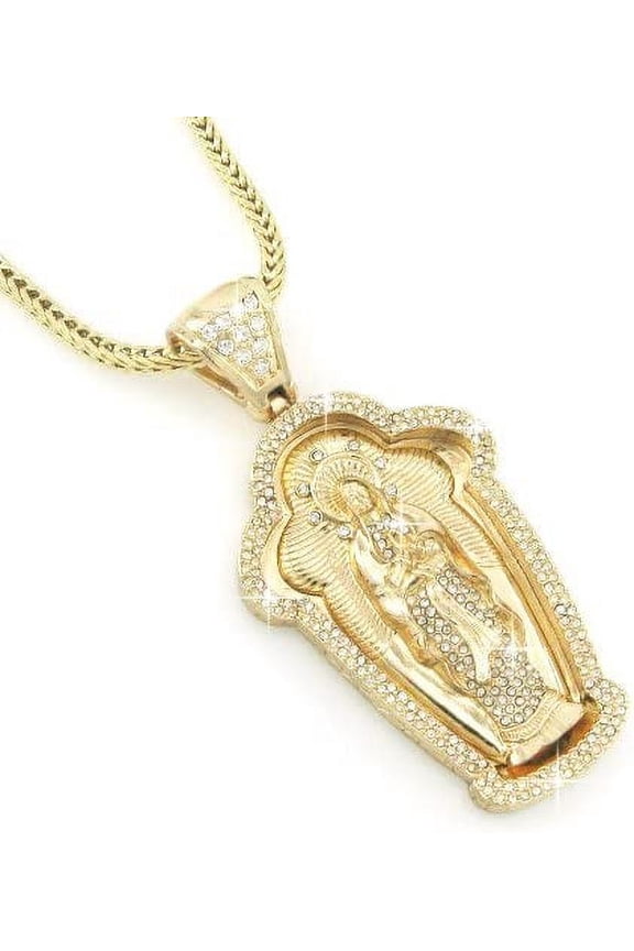 Hip Hop Bling Gold Tone Guadalupe Virgin Mary Pendant With 36" Chain (1)