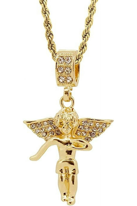 Hip Hop Bling Gold Tone Guardian Angel Pendant 24" Rope Chain #1036