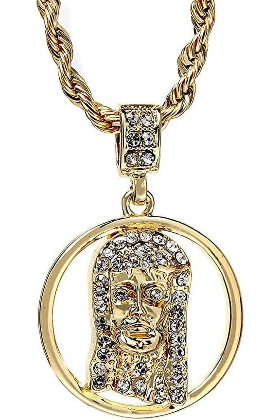 Hip Hop Bling Gold Tone Jesus Face Pendant 24" Rope Chain #1067