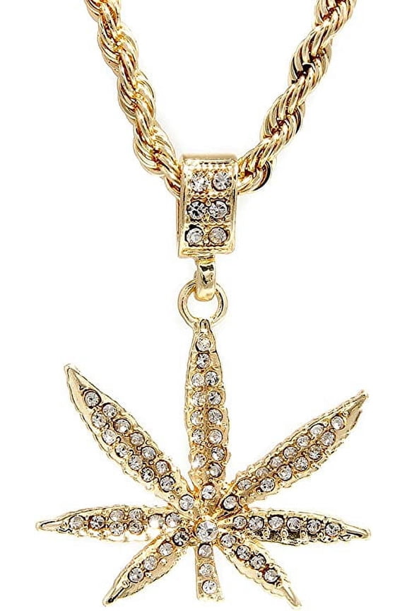 Hip Hop Bling Gold Tone Marijuana Bud Pendant 24" Rope Chain #1063