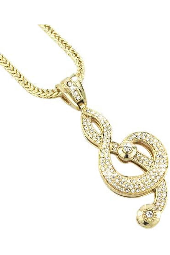 Hip-Hop Bling Gold Tone Music Note G-Clef Cross Pendant with 30" chain,