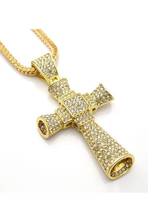Hip Hop Bling Gold Tone Pipe Cross CZ Pendant
