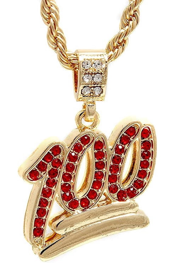 Gold Tone Red CZ The Emoji 100 Pendant 24" Rope Chain #1068