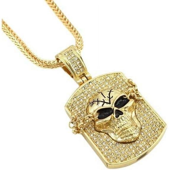 Hip Hop Bling Gold Tone The Skull Dog Tag Pendant Necklace free 36" chain