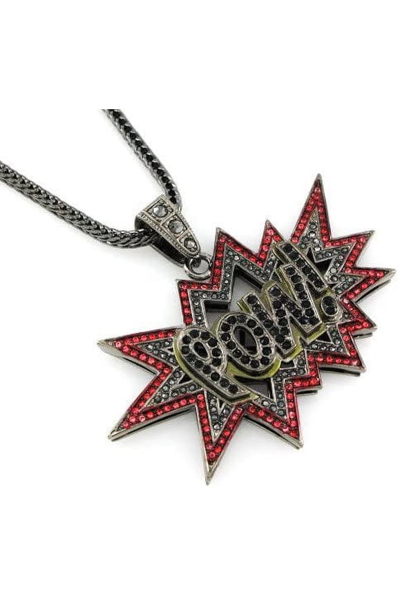 Hip Hop Bling Hematite Black Super Hero POW Pendant with 36" Franco Chain