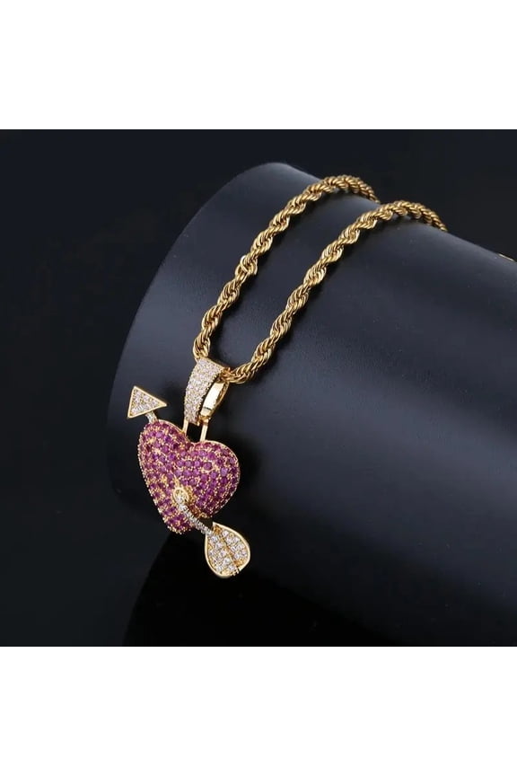 Hip Hop Bling Ice Out Rapper Micro Paved Red AAA CZ Stone Shiny Cupid Arrow Heart 14K Yellow Gold Pendants Necklaces Men Wome Fashion Jewelry