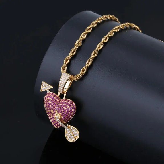 Hip Hop Bling Ice Out Rapper Micro Paved Red AAA CZ Stone Shiny Cupid Arrow Heart 14K Yellow Gold Pendants Necklaces Men Wome Fashion Jewelry