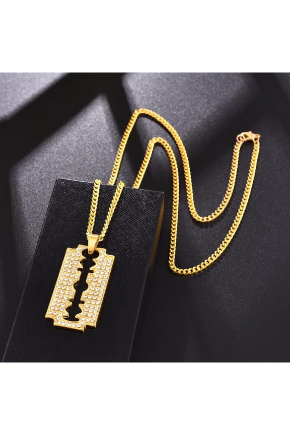 Hip Hop Bling Ice Out Razor Blade Pendants Necklaces 14K Yellow Gold Chain Barber Shop Necklace for Men Jewelry