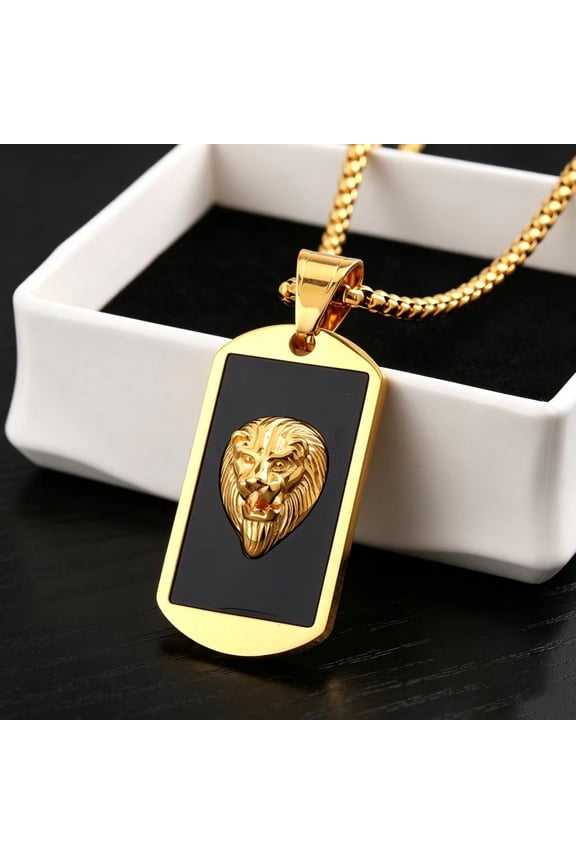 Hip Hop Bling Iced Out 14K Gold Male Lion Geometric Square Pendant Necklace for Men Rapper Jewelry