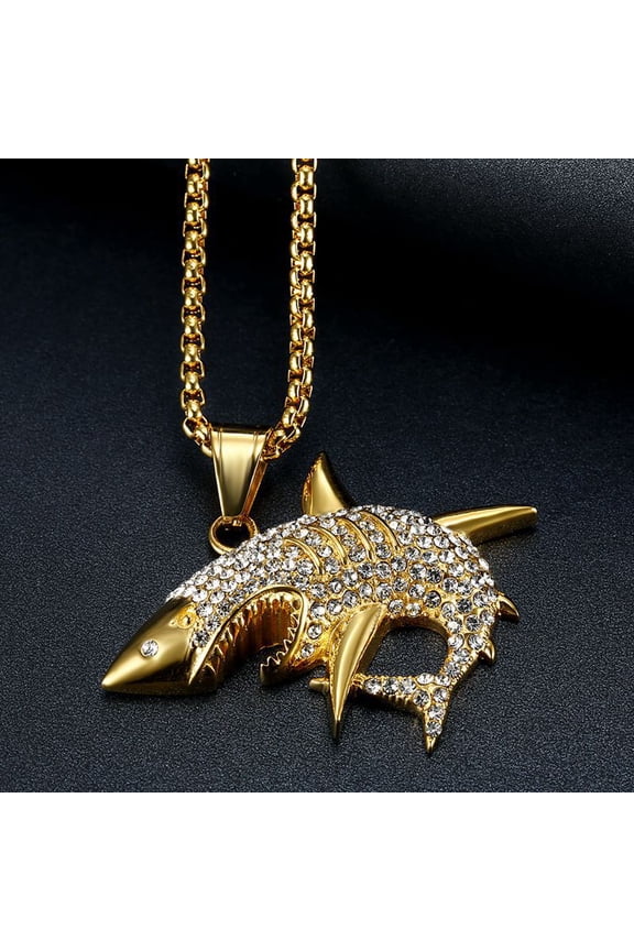 Hip Hop Bling Iced Out 14K Yellow Gold Animal Shark Pendants Necklace for Men Rapper Jewelry