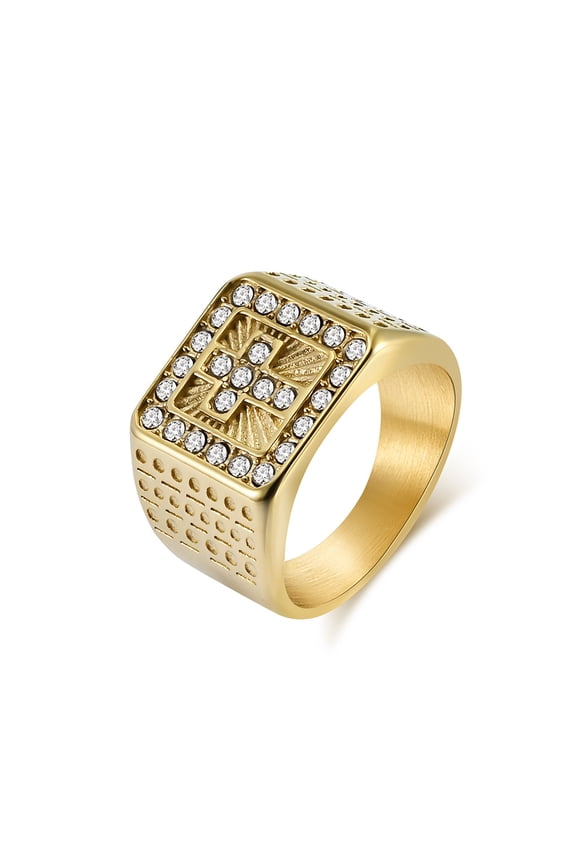 Hip Hop Bling Iced Out 14K Yellow Gold Cross Pattern Geometric Square Rings for Men Rapper Jewelry
