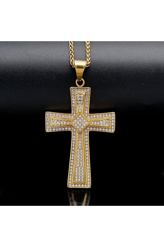 Hip Hop Bling Iced Out 14K Yellow Gold Cross Pendants Necklace for Men Rapper Jewelry